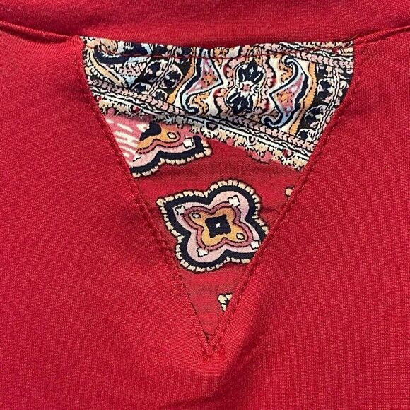EMERALD Top 3XL Red Rayon Blend Patchwork Long Balloon Sleeve Raglan Blouse EUC - Picture 5 of 14